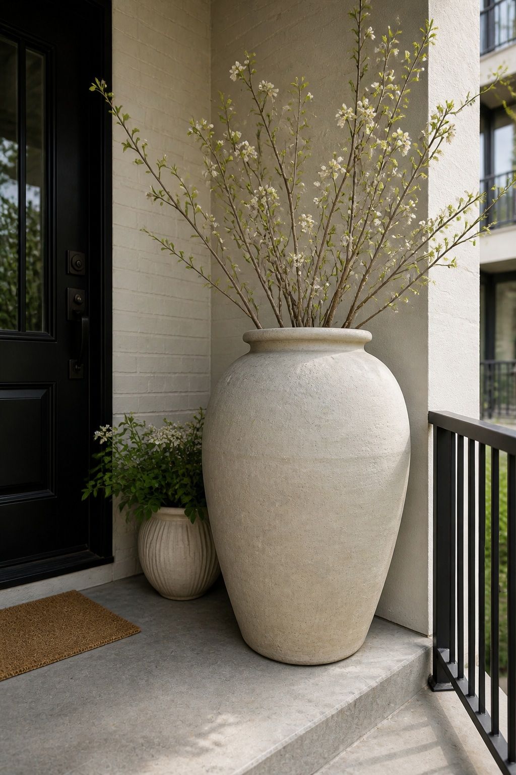 Use an Oversized Statement Urn small apartment idea for Top 16 Avant-Garde Front Porch Spring Decor Ideas for Apartments and Small Outdoor Spaces.