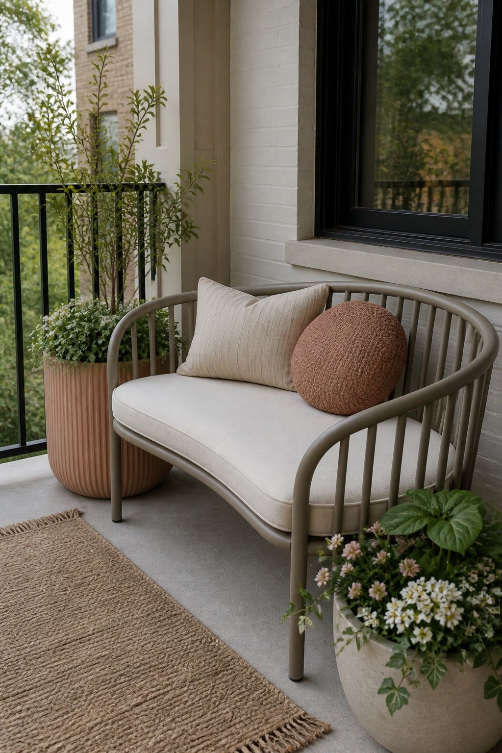 Choose a Curved Bench or Settee small apartment idea for Top 16 Avant-Garde Front Porch Spring Decor Ideas for Apartments and Small Outdoor Spaces.