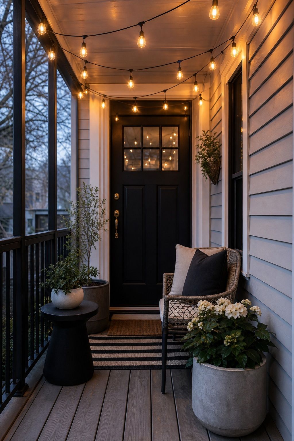 Hang Warm Edison String Lights small apartment idea for Top 16 Avant-Garde Front Porch Spring Decor Ideas for Apartments and Small Outdoor Spaces.