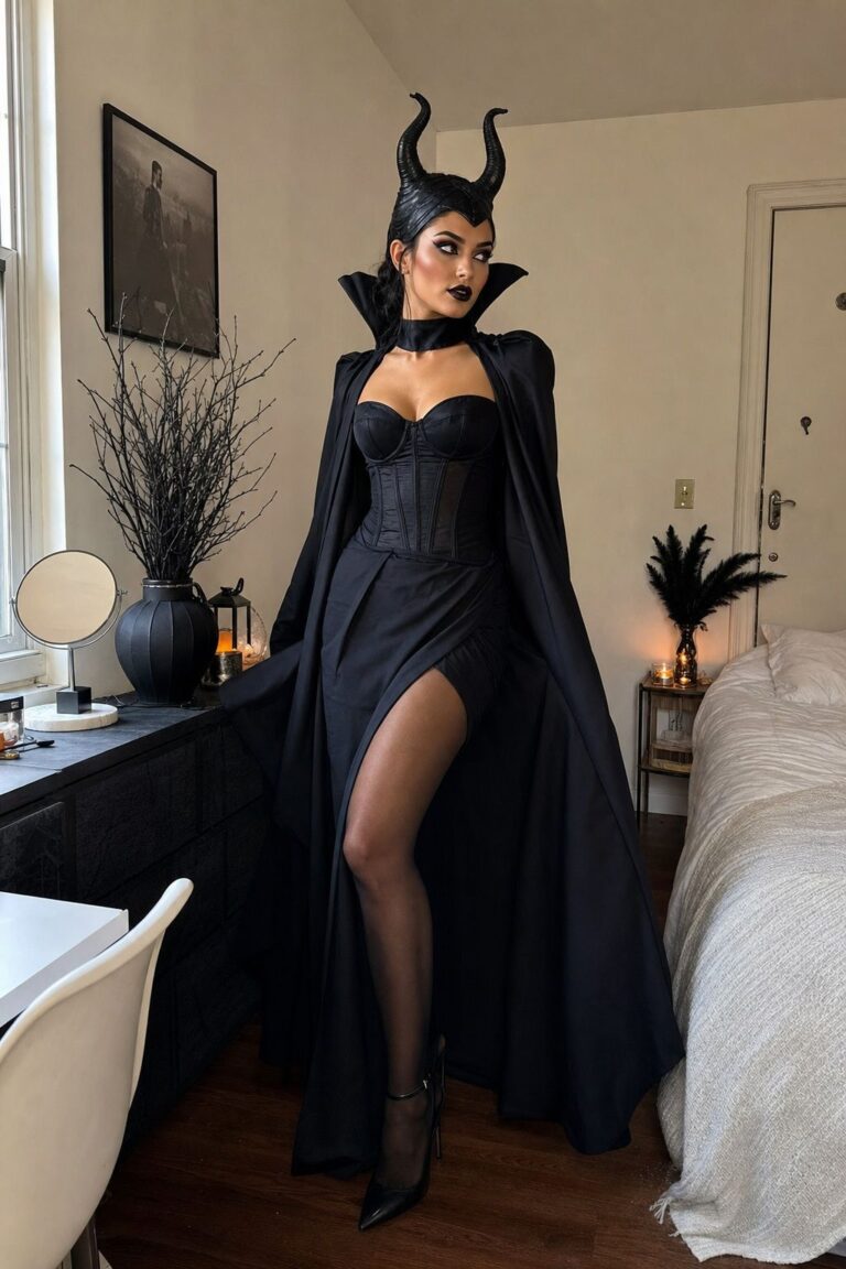 Maleficent in Black and Bold Makeup small apartment idea for Top 18 Baddie Halloween Costume Ideas to Feel Like a Villainous Queen.