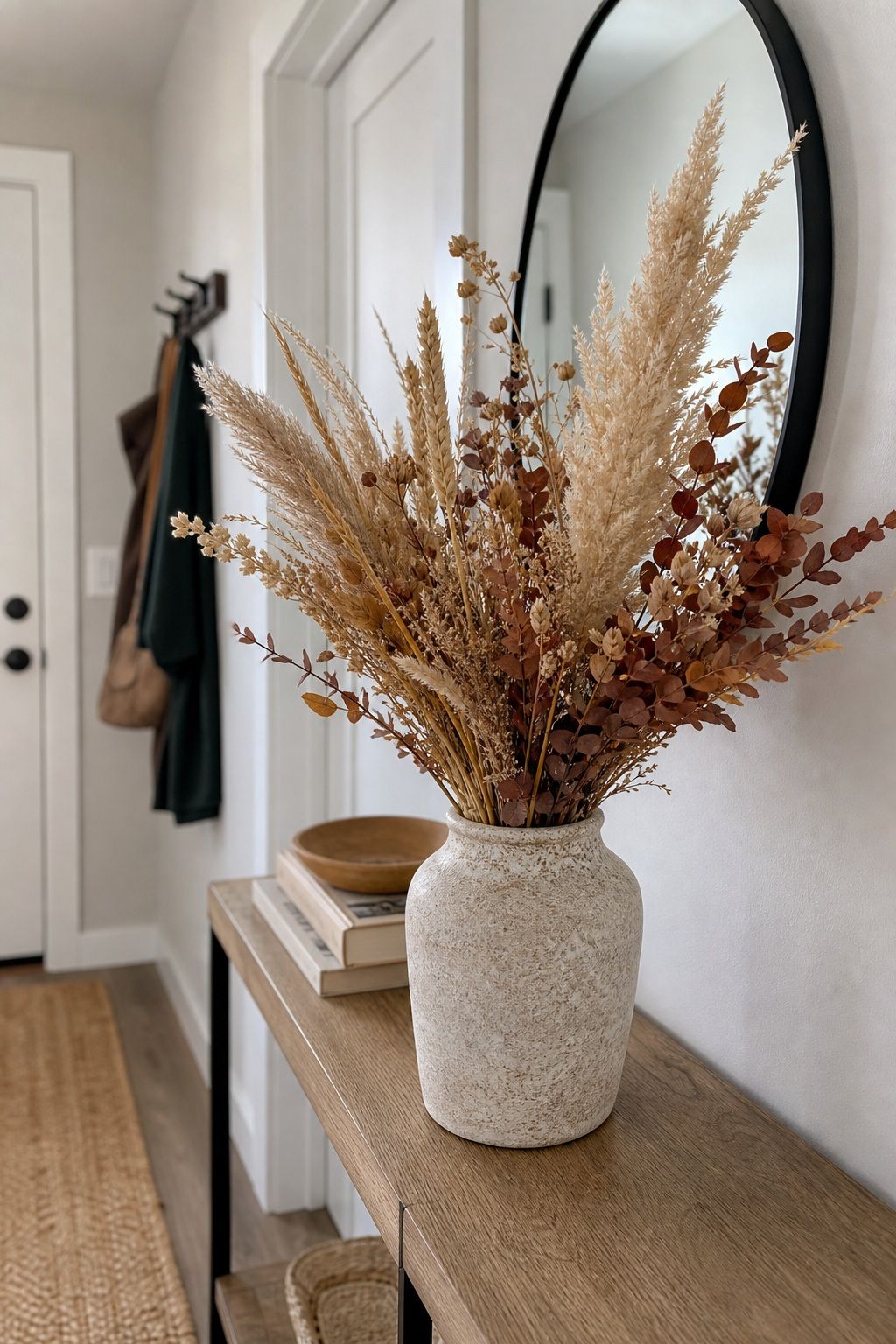 Add a Dried Floral Arrangement in a Stoneware Vase small apartment idea for Top 17 Elegant Autumn Decor for Entryway Ideas in Apartments.