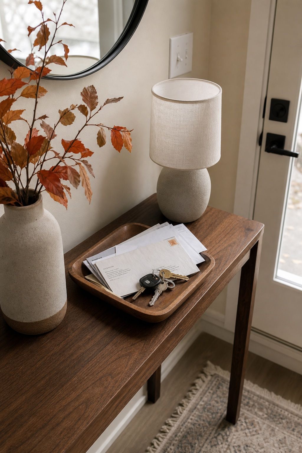 Set Out a Small Wooden Tray for Keys and Mail small apartment idea for Top 17 Elegant Autumn Decor for Entryway Ideas in Apartments.
