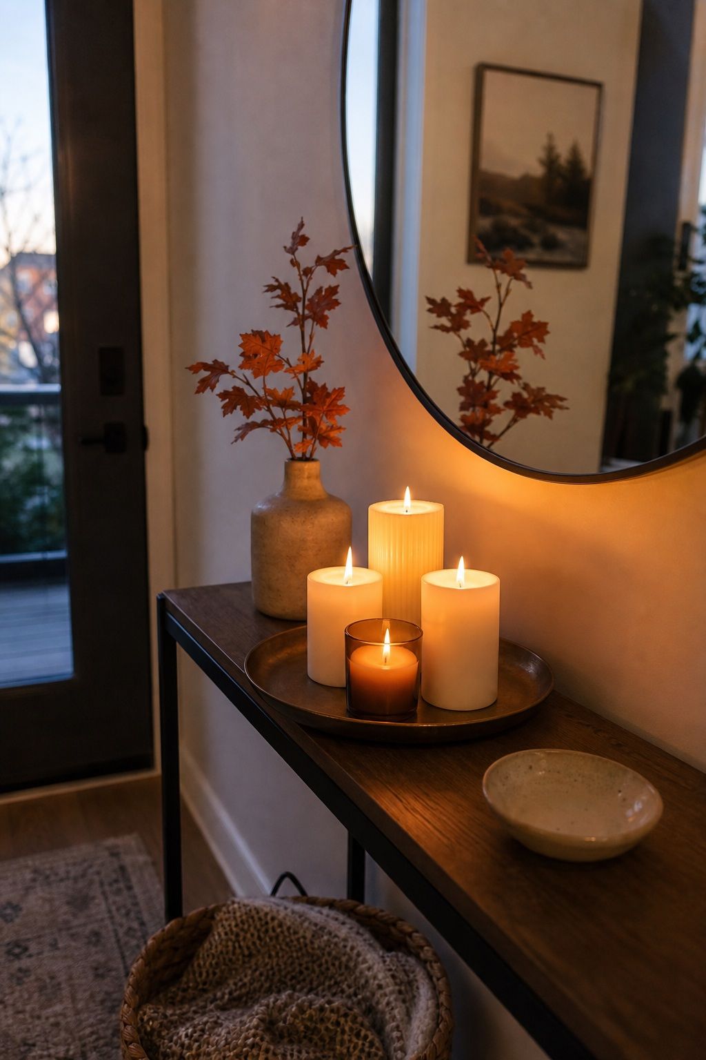 Add a Candle Cluster for Evening Glow small apartment idea for Top 17 Elegant Autumn Decor for Entryway Ideas in Apartments.