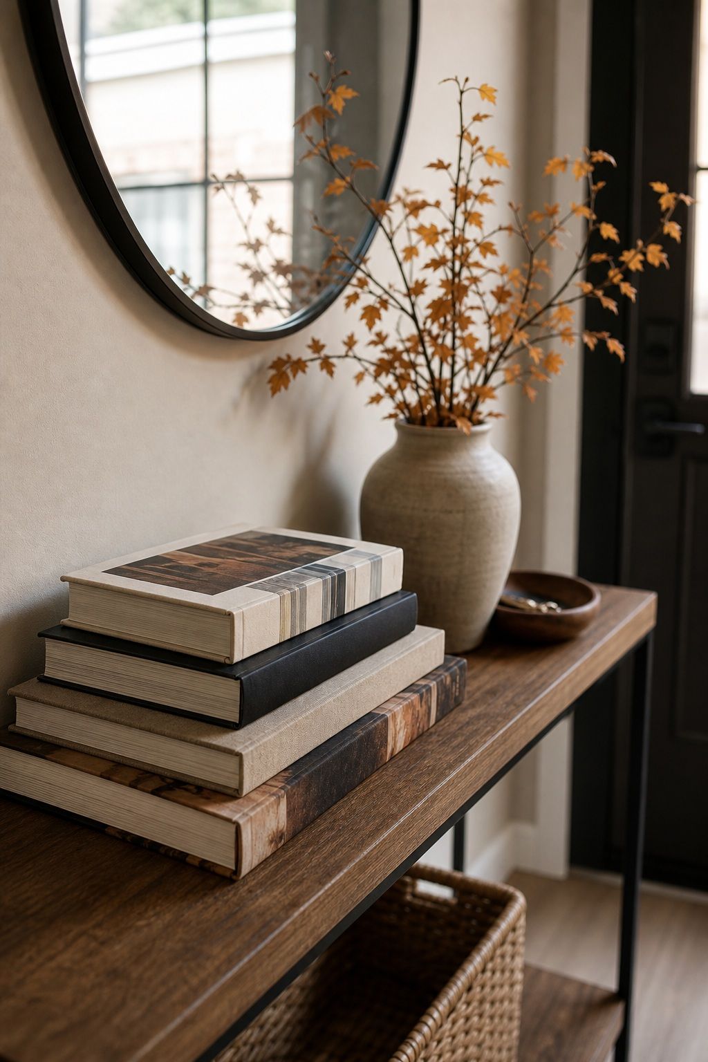 Style a Stack of Coffee Table Books small apartment idea for Top 17 Elegant Autumn Decor for Entryway Ideas in Apartments.