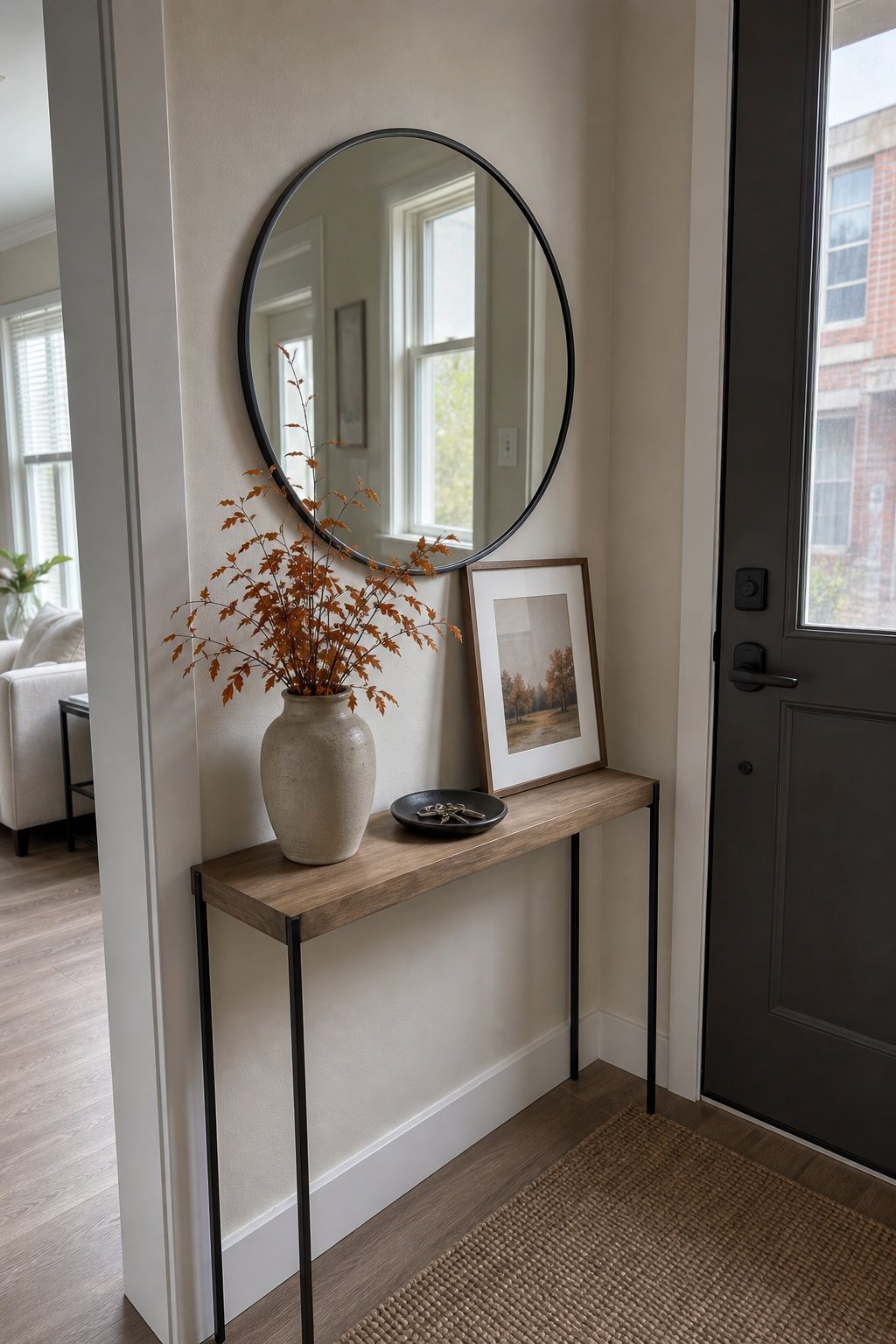 Hang a Round Mirror Above the Console small apartment idea for Top 17 Elegant Autumn Decor for Entryway Ideas in Apartments.