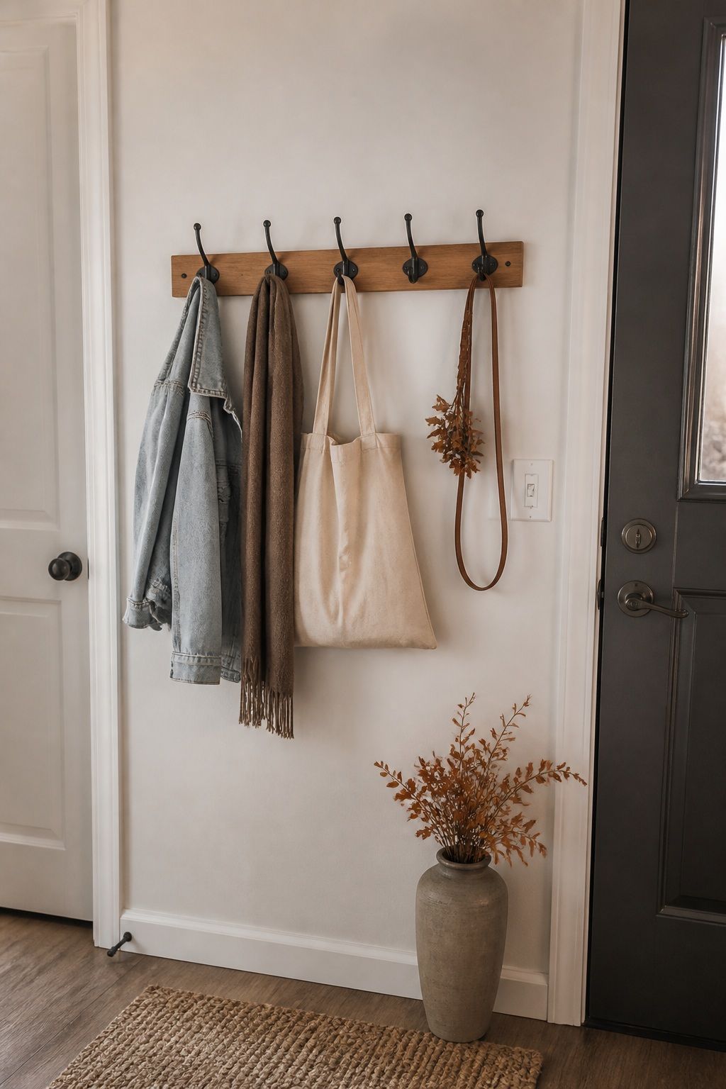 Add a Wall-Mounted Coat Rack or Hooks small apartment idea for Top 17 Elegant Autumn Decor for Entryway Ideas in Apartments.