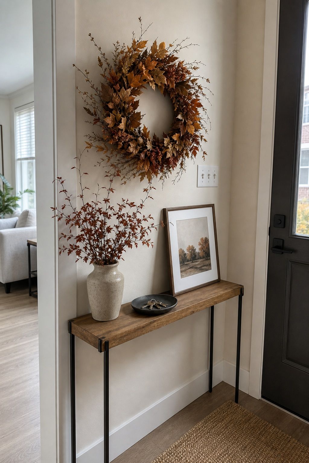 Layer a Hanging Wreath Above the Console small apartment idea for Top 17 Elegant Autumn Decor for Entryway Ideas in Apartments.