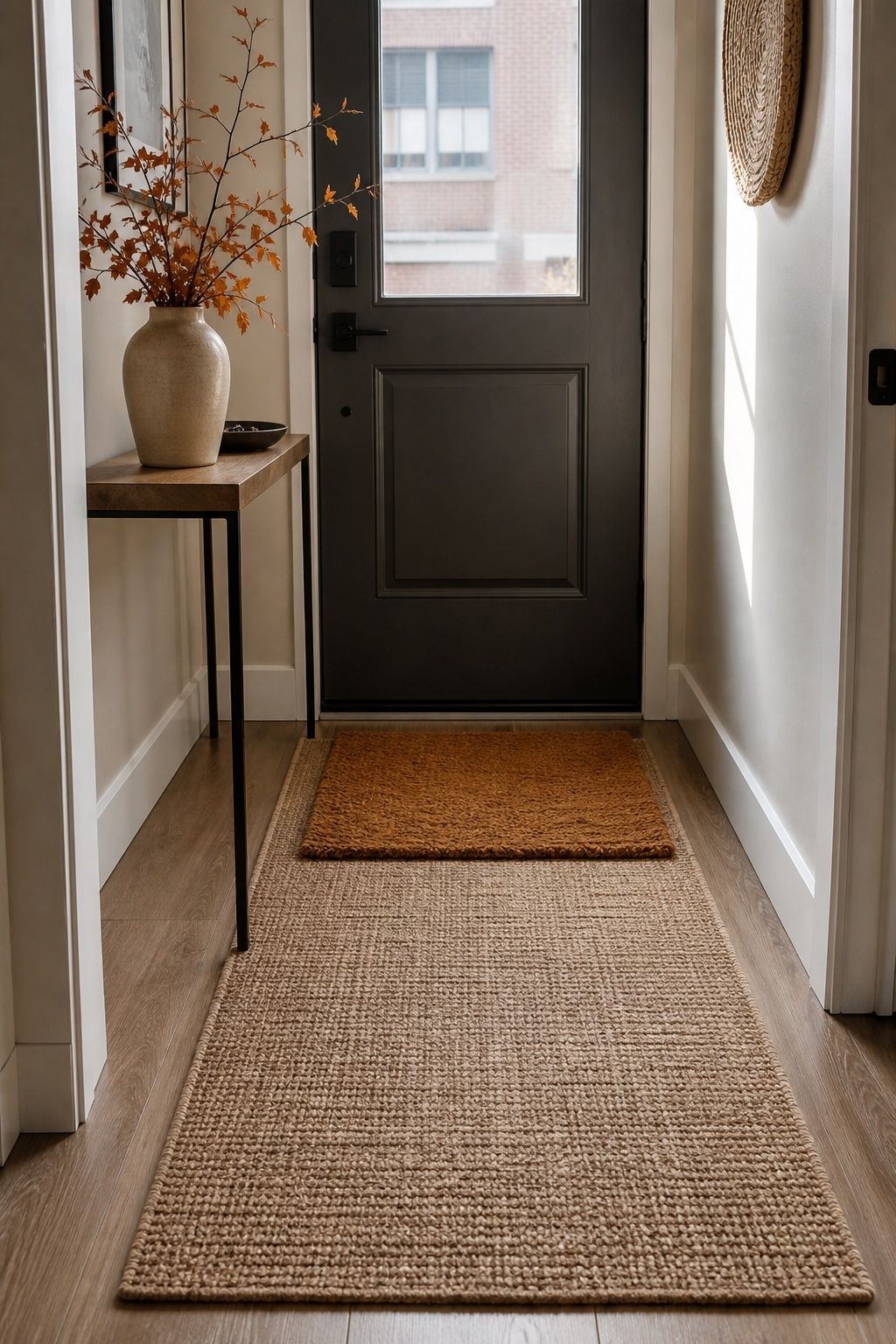 Layer a Welcome Mat With a Runner Rug small apartment idea for Top 17 Elegant Autumn Decor for Entryway Ideas in Apartments.