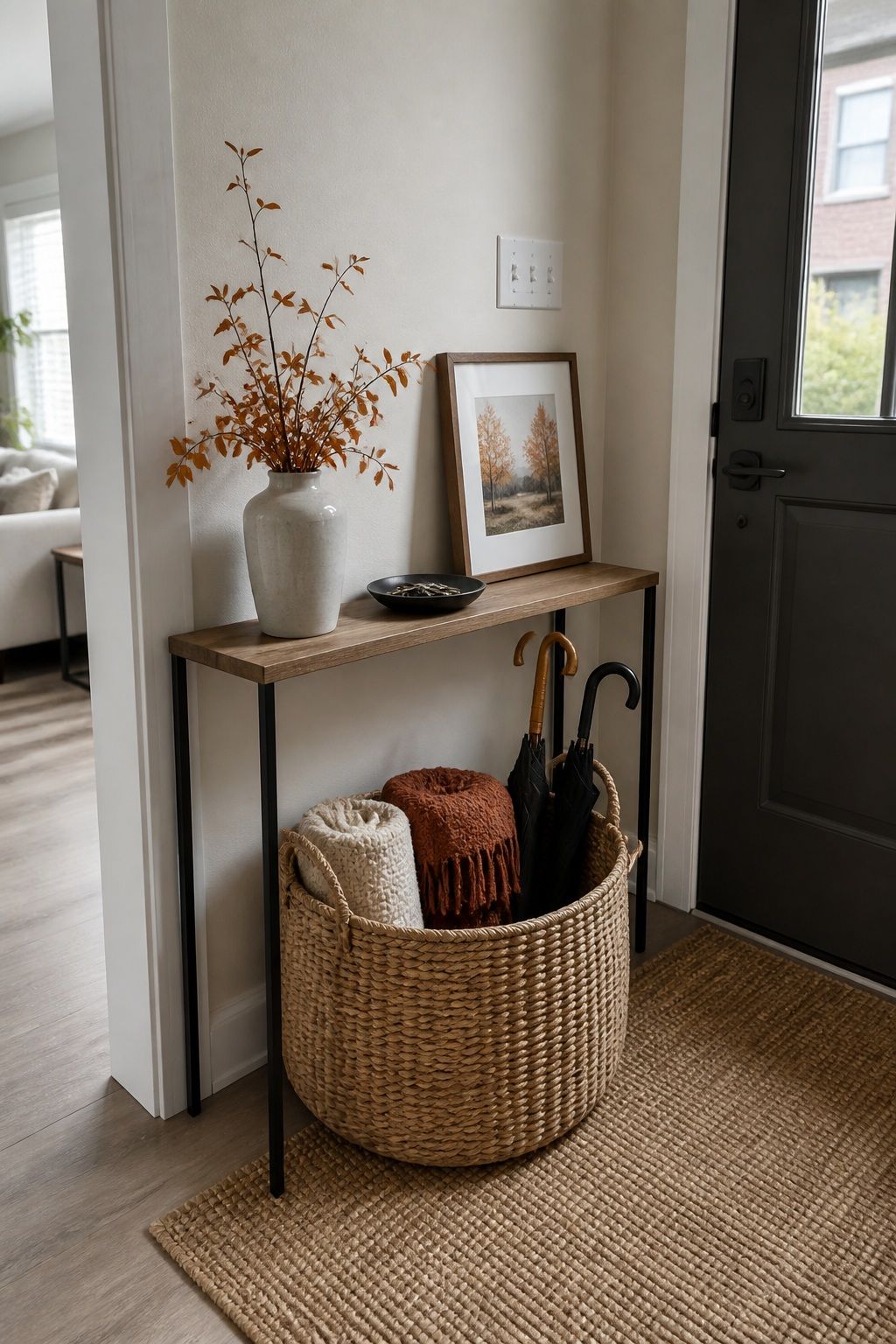 Add a Large Floor Basket for Throws or Umbrellas small apartment idea for Top 17 Elegant Autumn Decor for Entryway Ideas in Apartments.