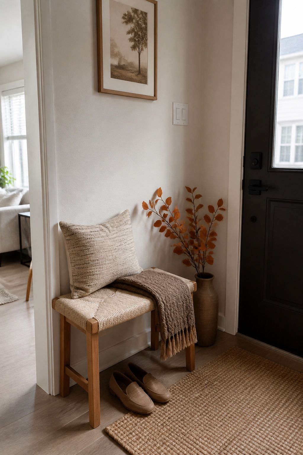 Style a Small Stool or Bench for Shoe Removal small apartment idea for Top 17 Elegant Autumn Decor for Entryway Ideas in Apartments.