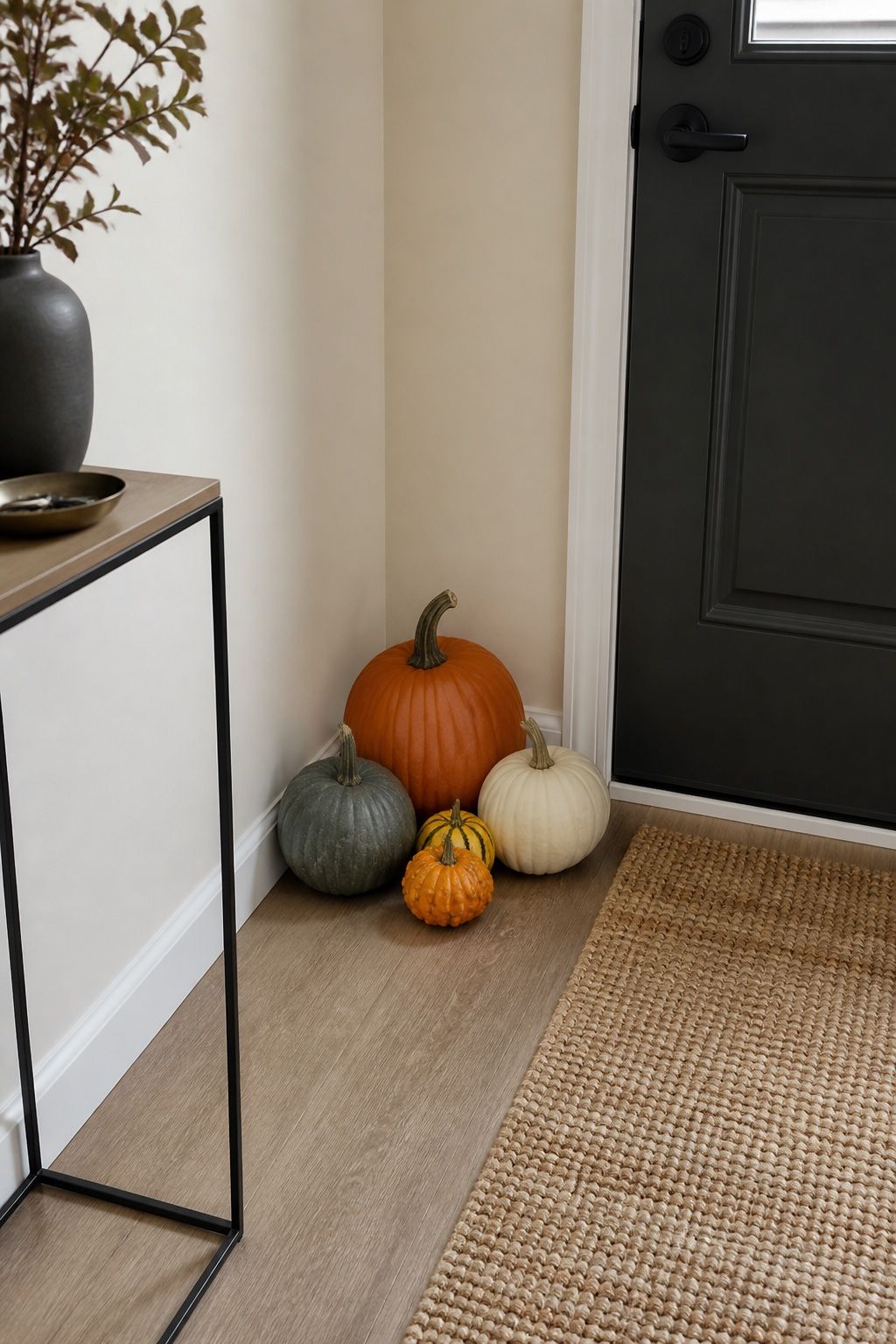 Place a Pumpkin Cluster on the Floor Beside the Door small apartment idea for Top 17 Elegant Autumn Decor for Entryway Ideas in Apartments.