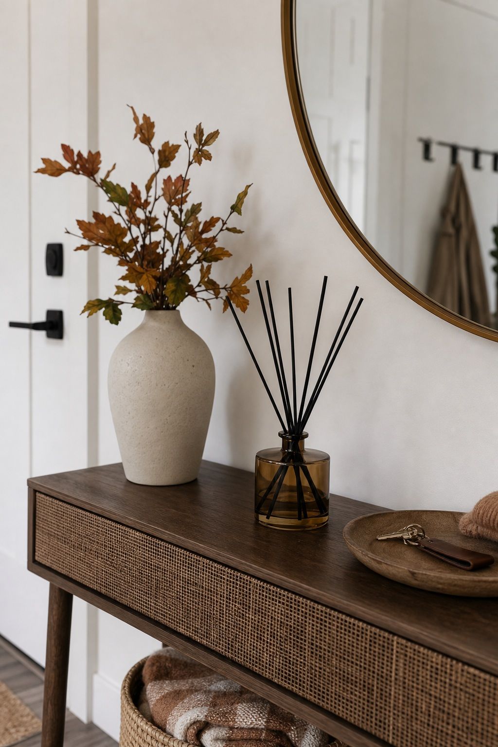 Add a Seasonal Scent Through a Reed Diffuser small apartment idea for Top 17 Elegant Autumn Decor for Entryway Ideas in Apartments.