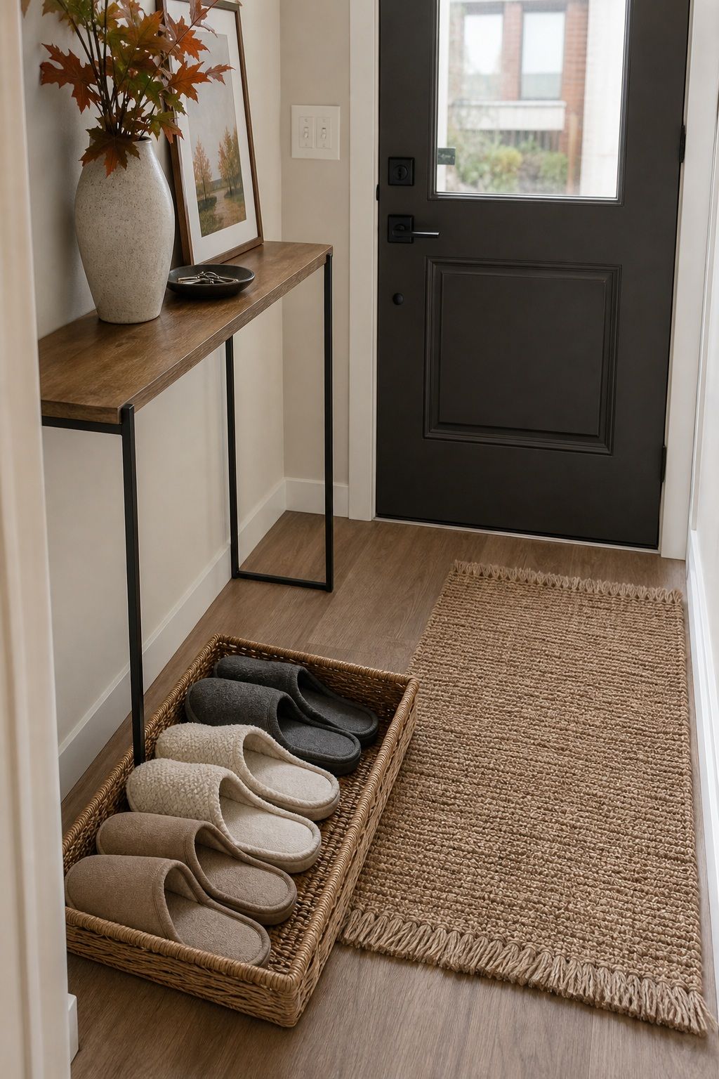 Set Out a Small Tray of Slippers for Guests small apartment idea for Top 17 Elegant Autumn Decor for Entryway Ideas in Apartments.