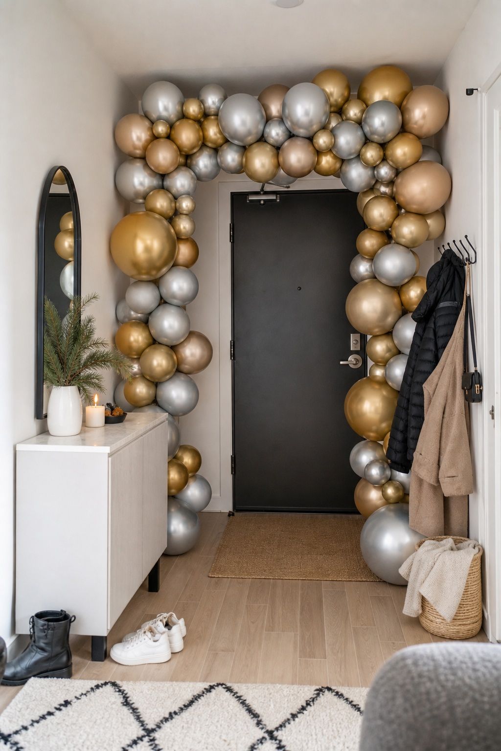 Hang a Metallic Balloon Arch at the Entry small apartment idea for Top 18 Festive New Year Decoration Ideas for Small Apartments.