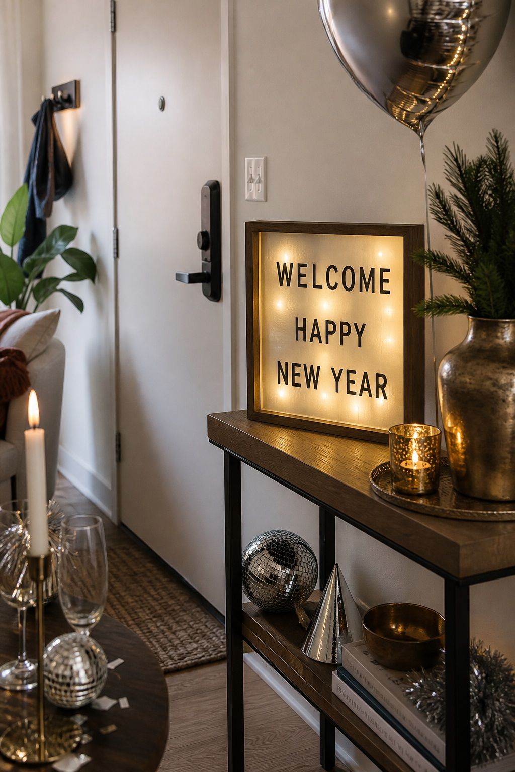 Add an Illuminated Welcome Sign small apartment idea for Top 18 Festive New Year Decoration Ideas for Small Apartments.