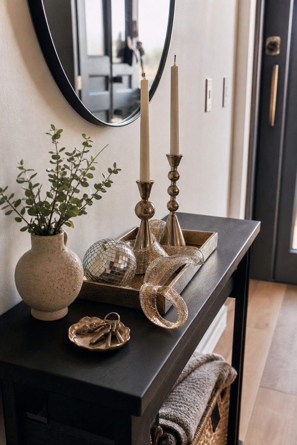 Style the Entry Console With a Metallic Vignette small apartment idea for Top 18 Festive New Year Decoration Ideas for Small Apartments.