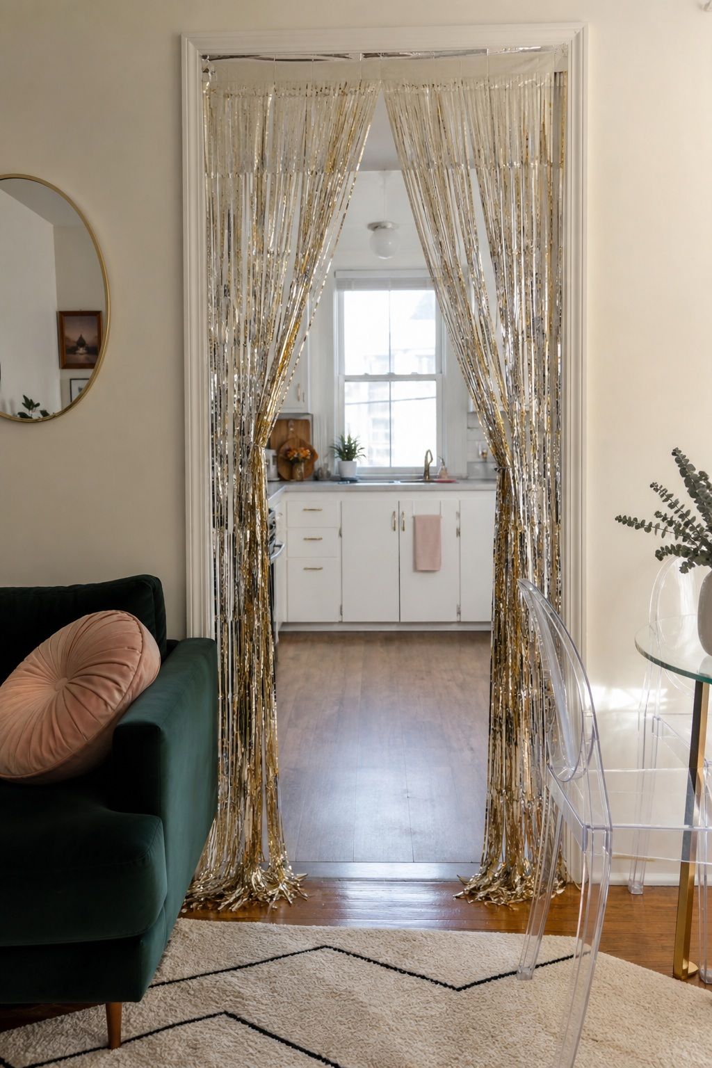 Drape Fringe Curtains in the Doorway small apartment idea for Top 18 Festive New Year Decoration Ideas for Small Apartments.