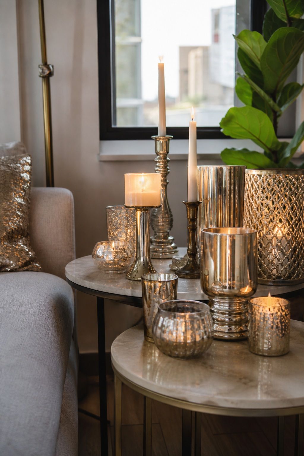 Cluster Metallic Candles on Side Tables small apartment idea for Top 18 Festive New Year Decoration Ideas for Small Apartments.