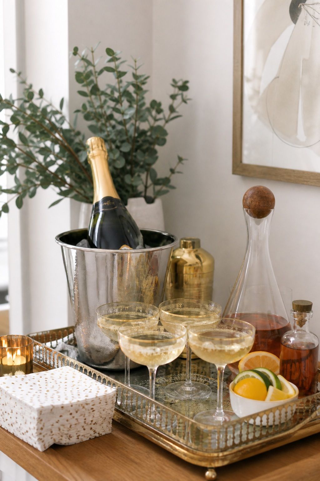 Set Up a Styled Champagne and Drink Station small apartment idea for Top 18 Festive New Year Decoration Ideas for Small Apartments.