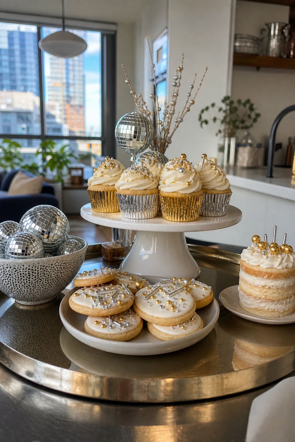 Add a Dessert Display With Metallic Touches small apartment idea for Top 18 Festive New Year Decoration Ideas for Small Apartments.