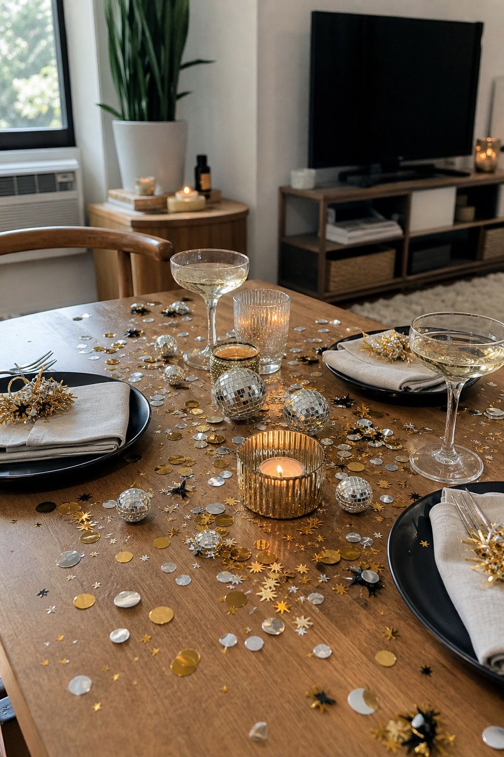 Scatter Table Confetti and Metallic Accents small apartment idea for Top 18 Festive New Year Decoration Ideas for Small Apartments.