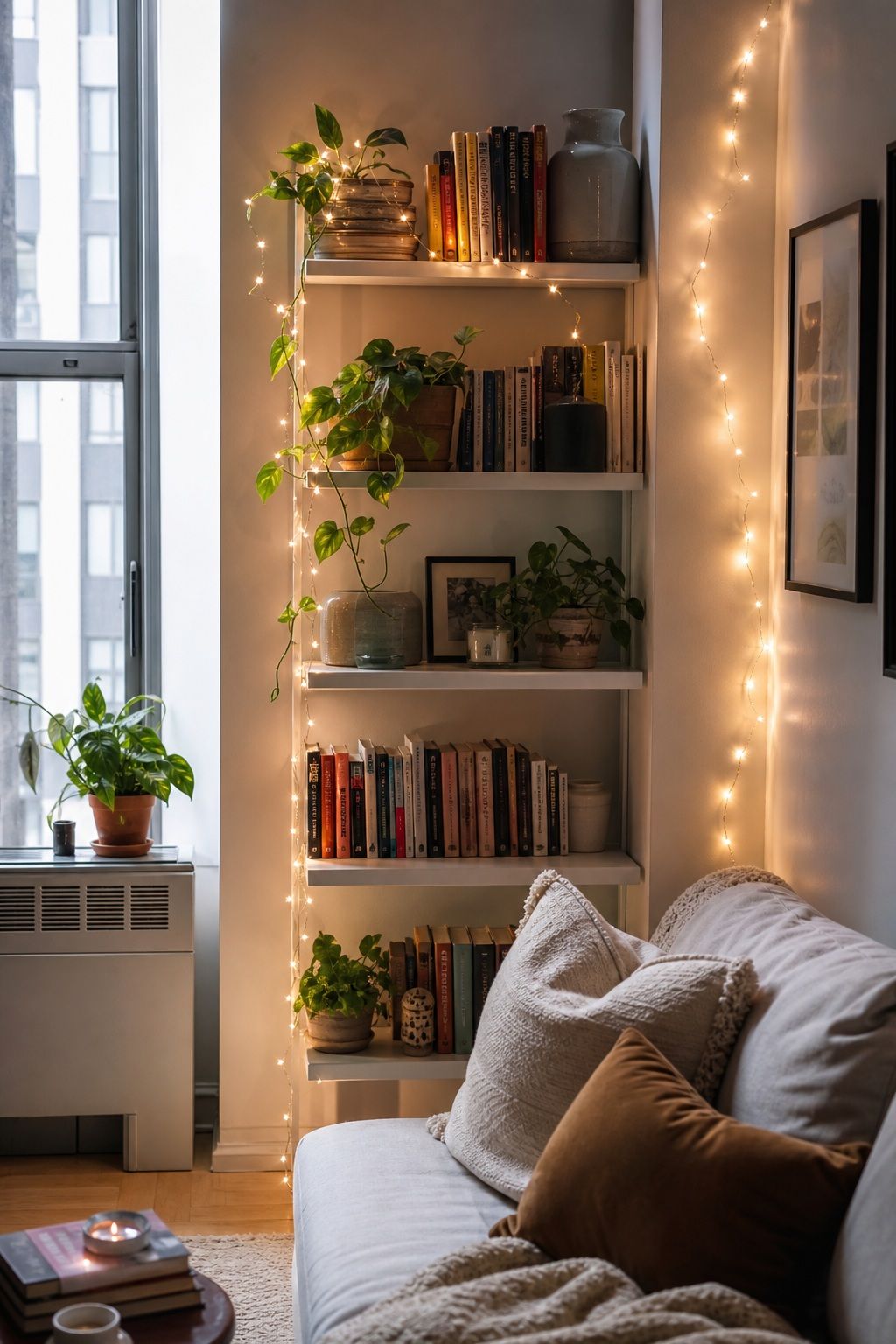 Add Fairy Lights to Shelves and Corners small apartment idea for Top 18 Festive New Year Decoration Ideas for Small Apartments.