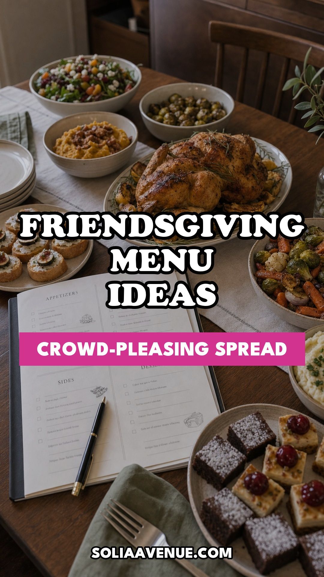 Pinterest pin for Top 18 Friendsgiving Menu Ideas for a Crowd-Pleasing Spread from Solia Avenue.