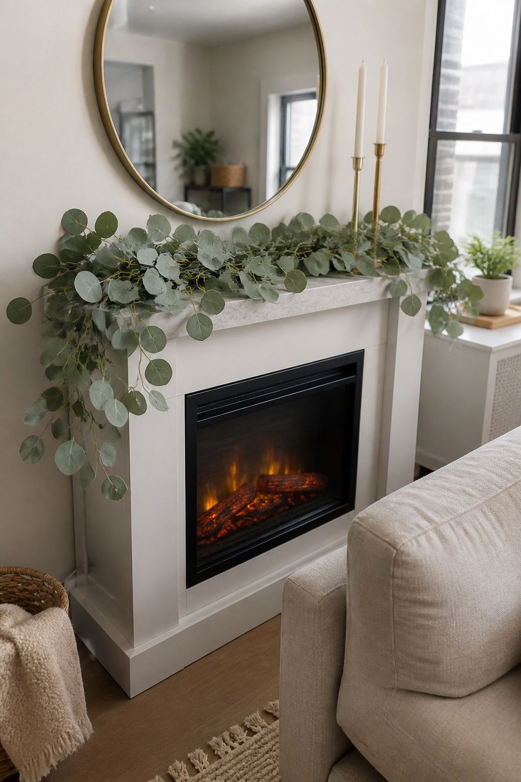 Silver Dollar Eucalyptus Mantel Garland small apartment idea for Top 16 Garland Summer Decor Ideas for Small Apartments.