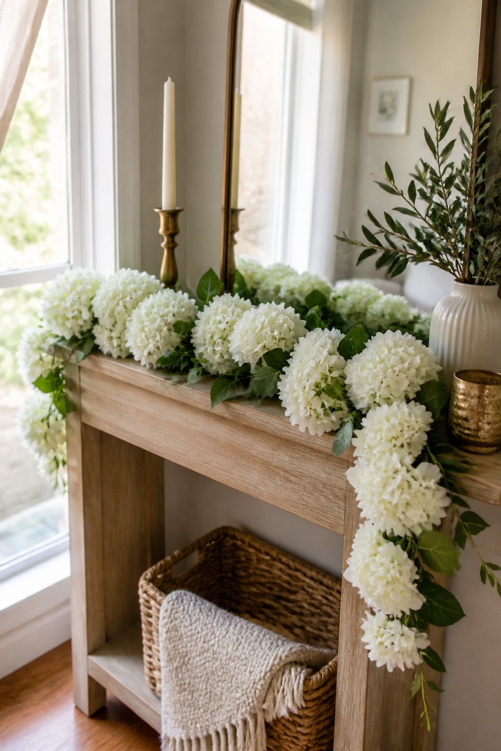 White Floral Hydrangea Garland small apartment idea for Top 16 Garland Summer Decor Ideas for Small Apartments.