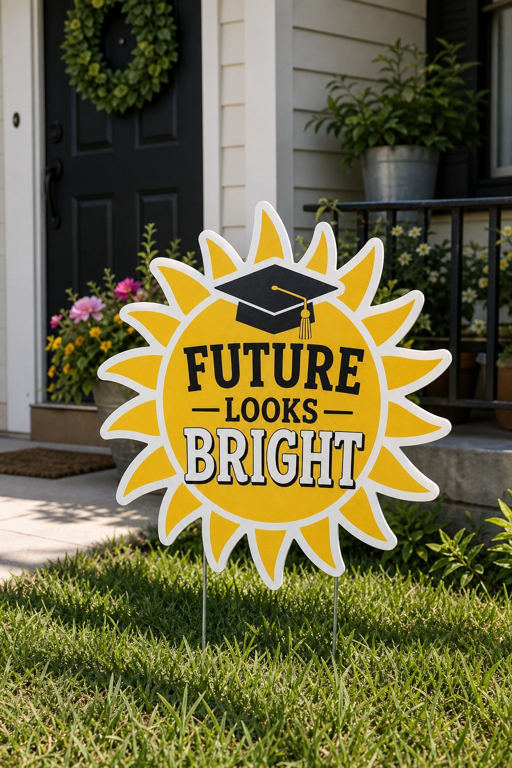 "Future Looks Bright" Sun Yard Sign small apartment idea for Top 17 Best Graduation Yard Sign Ideas to Celebrate at Home.