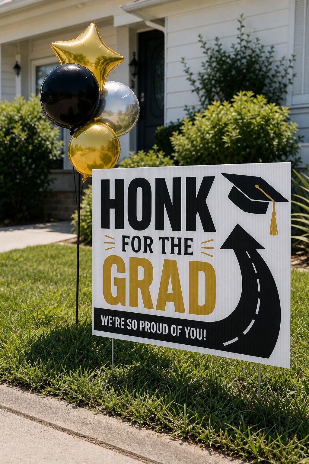 "Honk for the Grad" Drive-By Sign small apartment idea for Top 17 Best Graduation Yard Sign Ideas to Celebrate at Home.