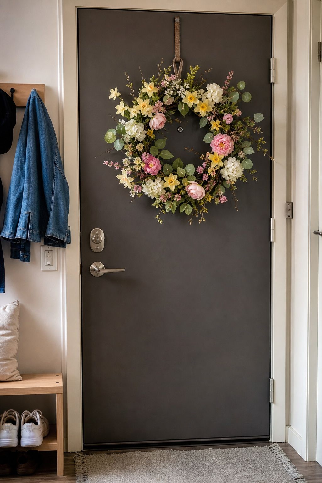 Floral Wreath on the Front Door small apartment idea for Top 15 Mother's Day Decoration Ideas for a Beautiful Celebration at Home.