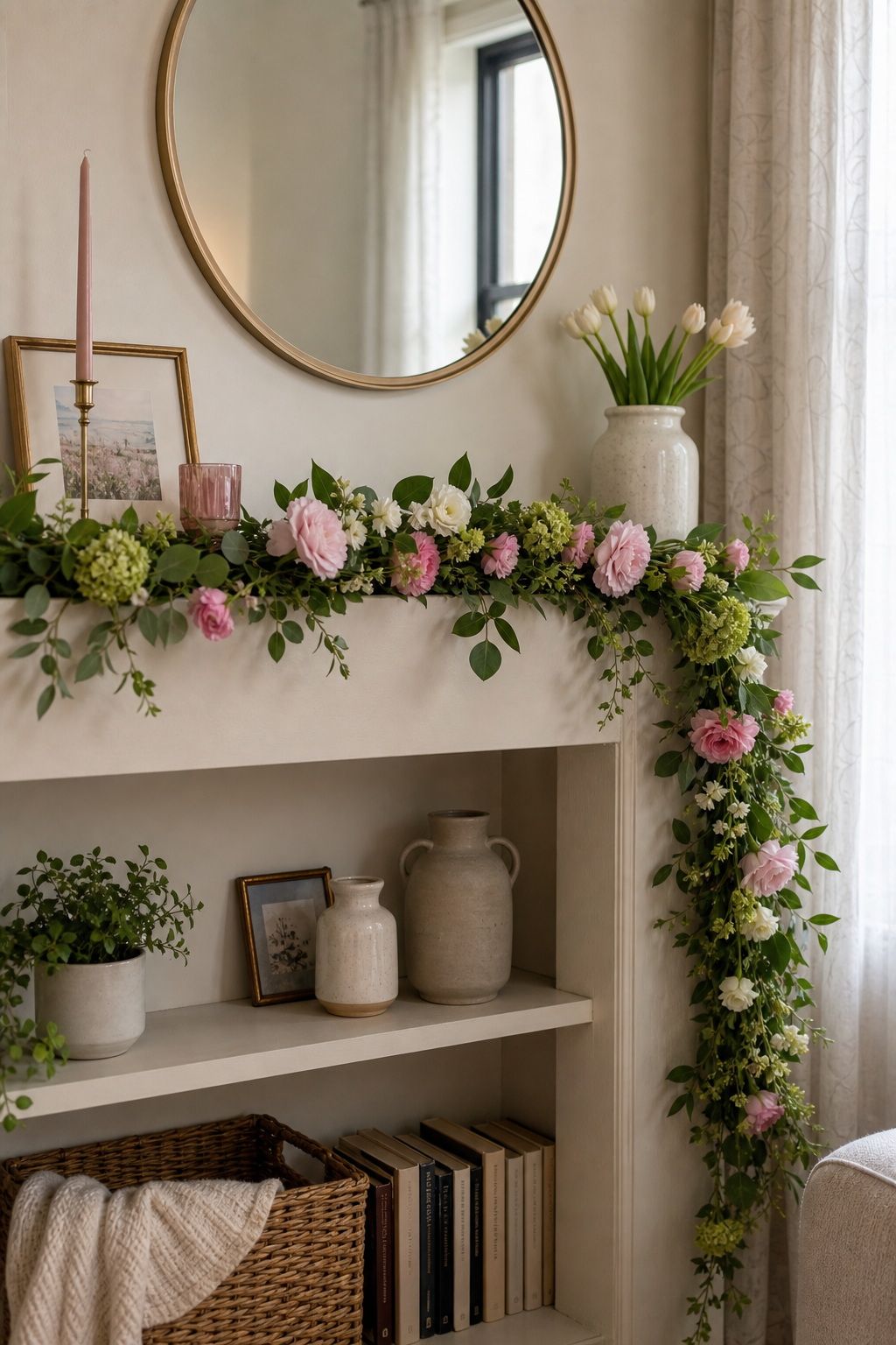 Spring Garland on the Mantel or Shelf small apartment idea for Top 15 Mother's Day Decoration Ideas for a Beautiful Celebration at Home.