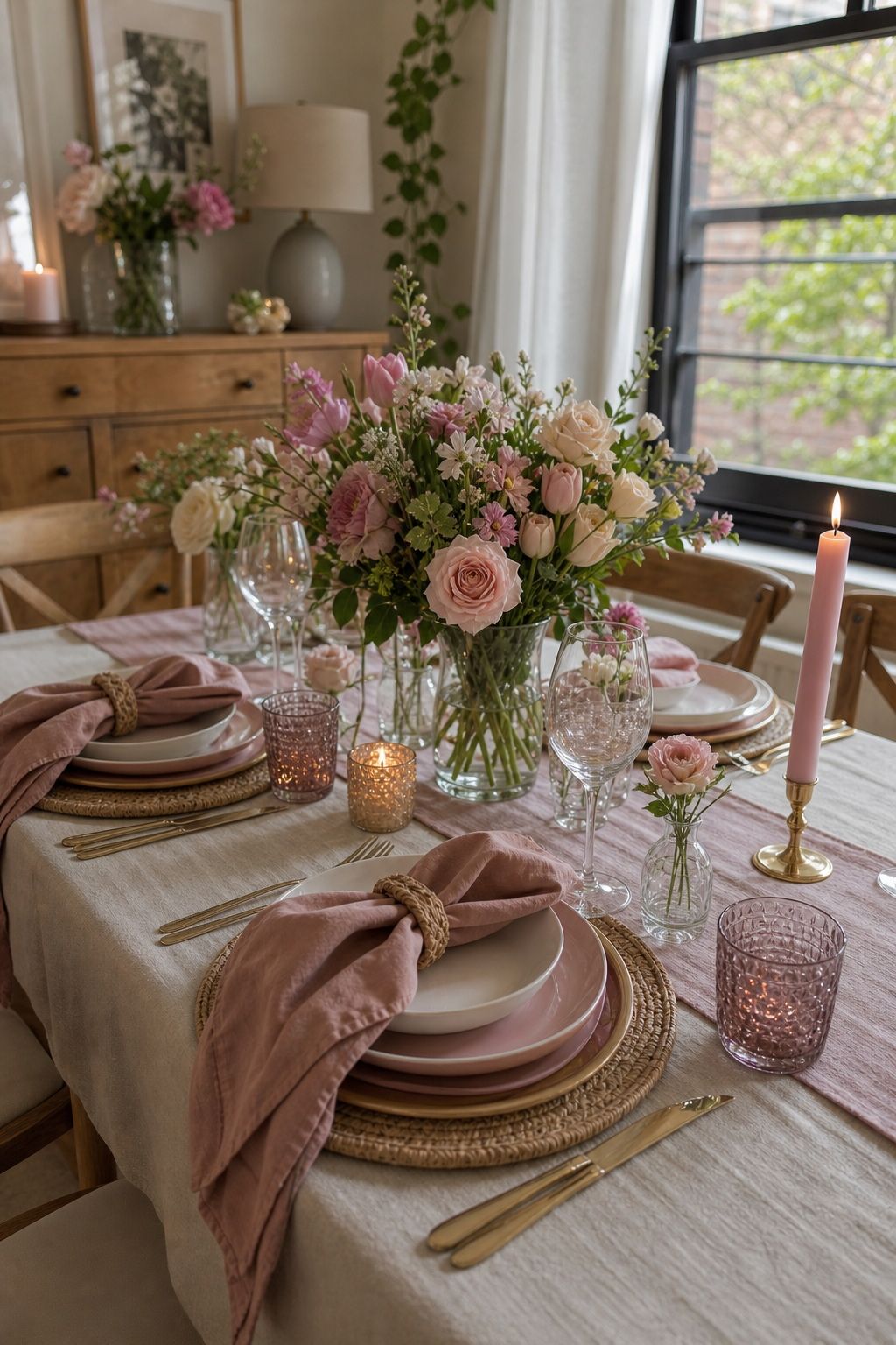 Layered Tablescape with Linen Napkins small apartment idea for Top 15 Mother's Day Decoration Ideas for a Beautiful Celebration at Home.