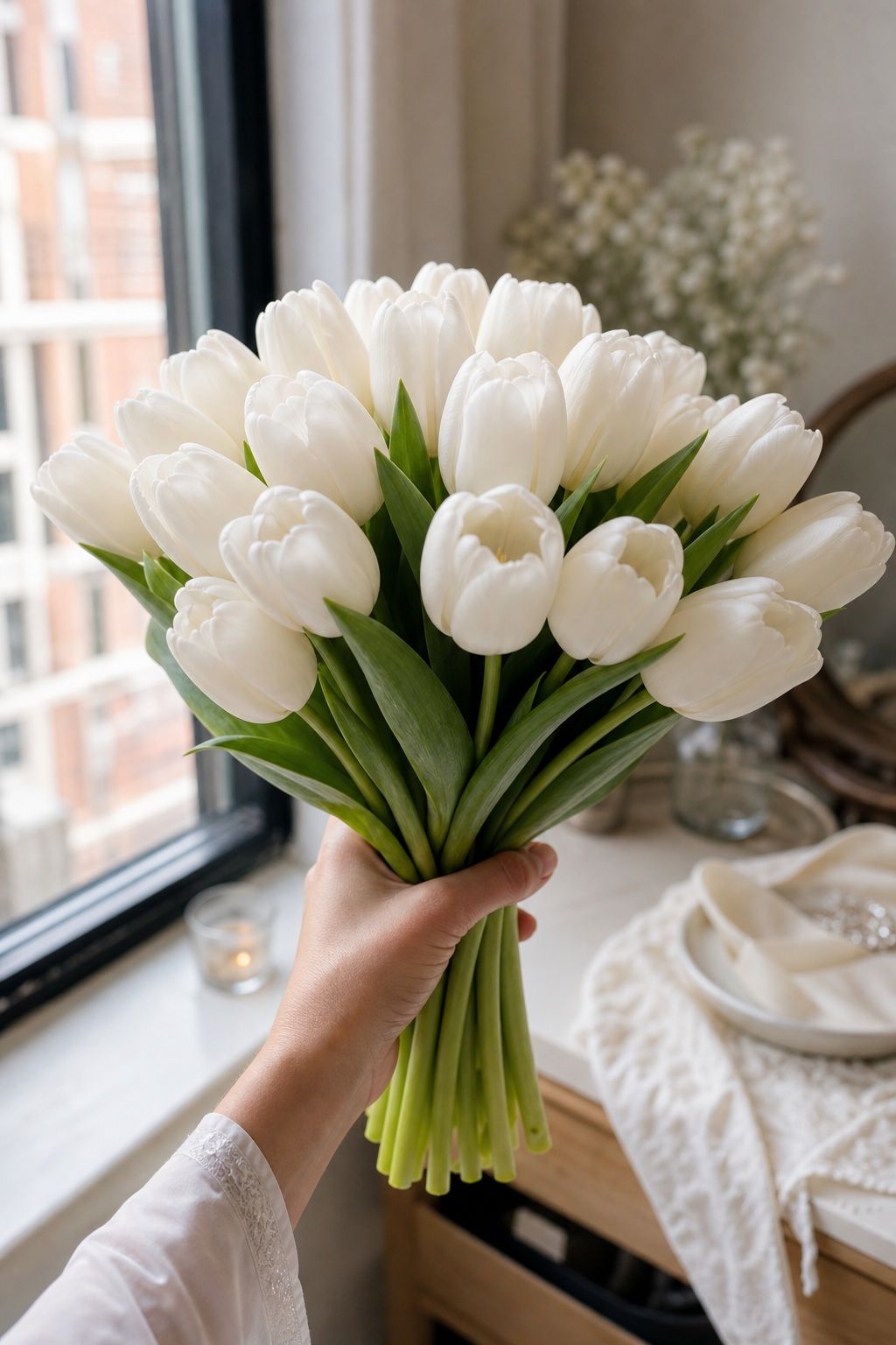 Monochrome White Tulip Cluster small apartment idea for Top 18 Spring Wedding Flower Bouquet Ideas for Every Bridal Style.