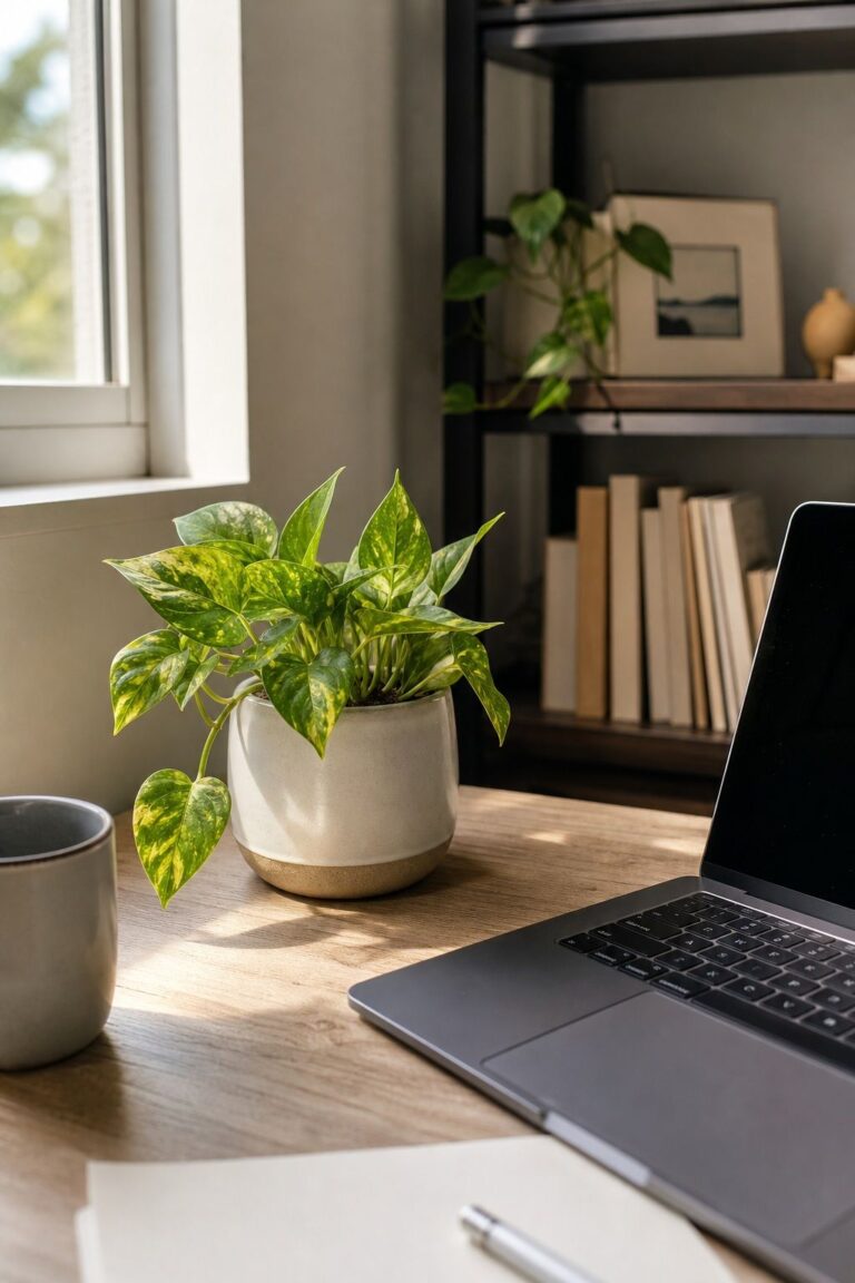 A Compact Pothos in a Ceramic Pot small apartment idea for Top 17 Summer Decor for Office Ideas in Small Apartments.