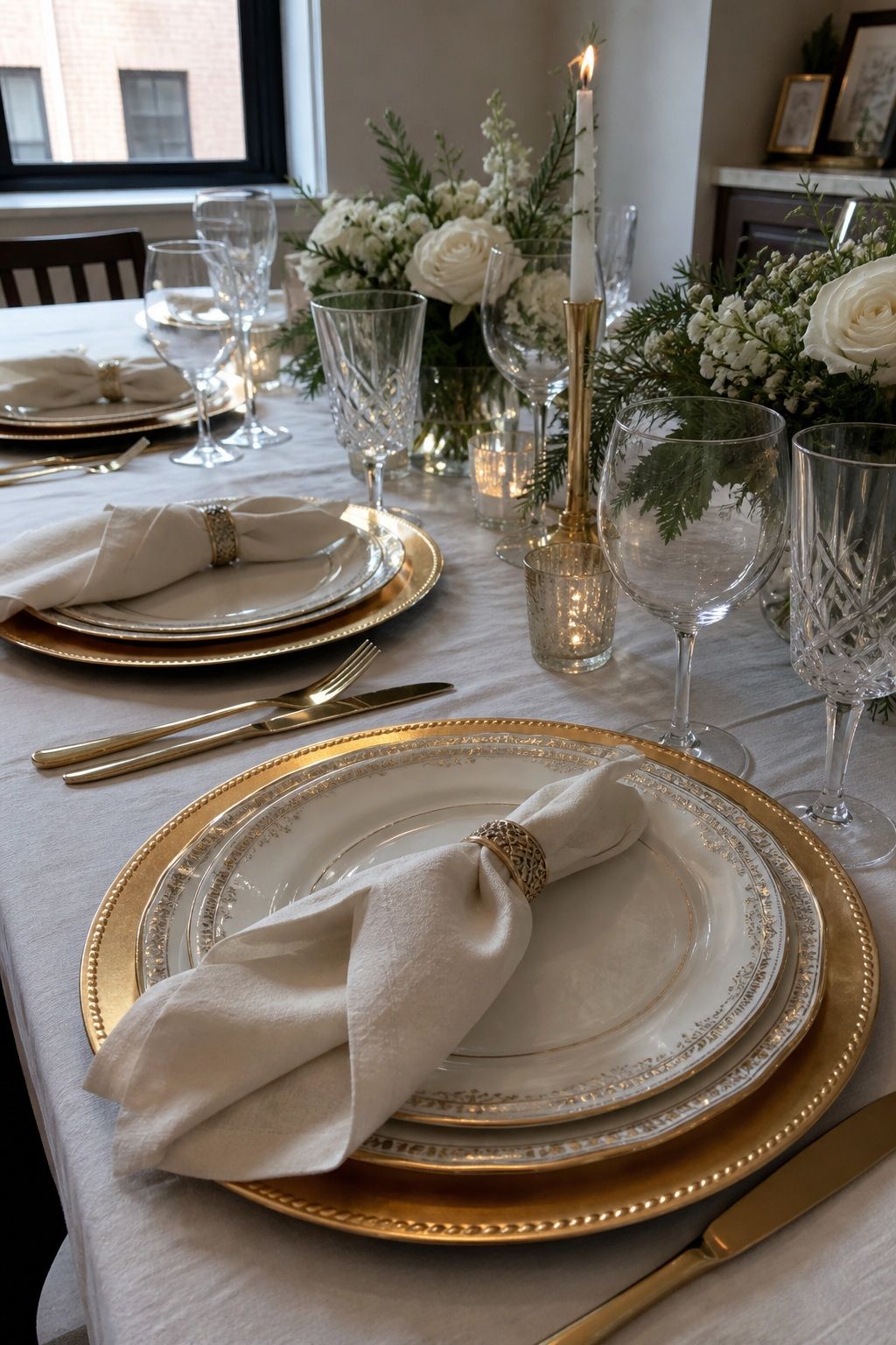 Gold Charger Plates Under Fine China small apartment idea for Top 18 Elegant Winter Wedding Table Setting Ideas That Set the Mood.