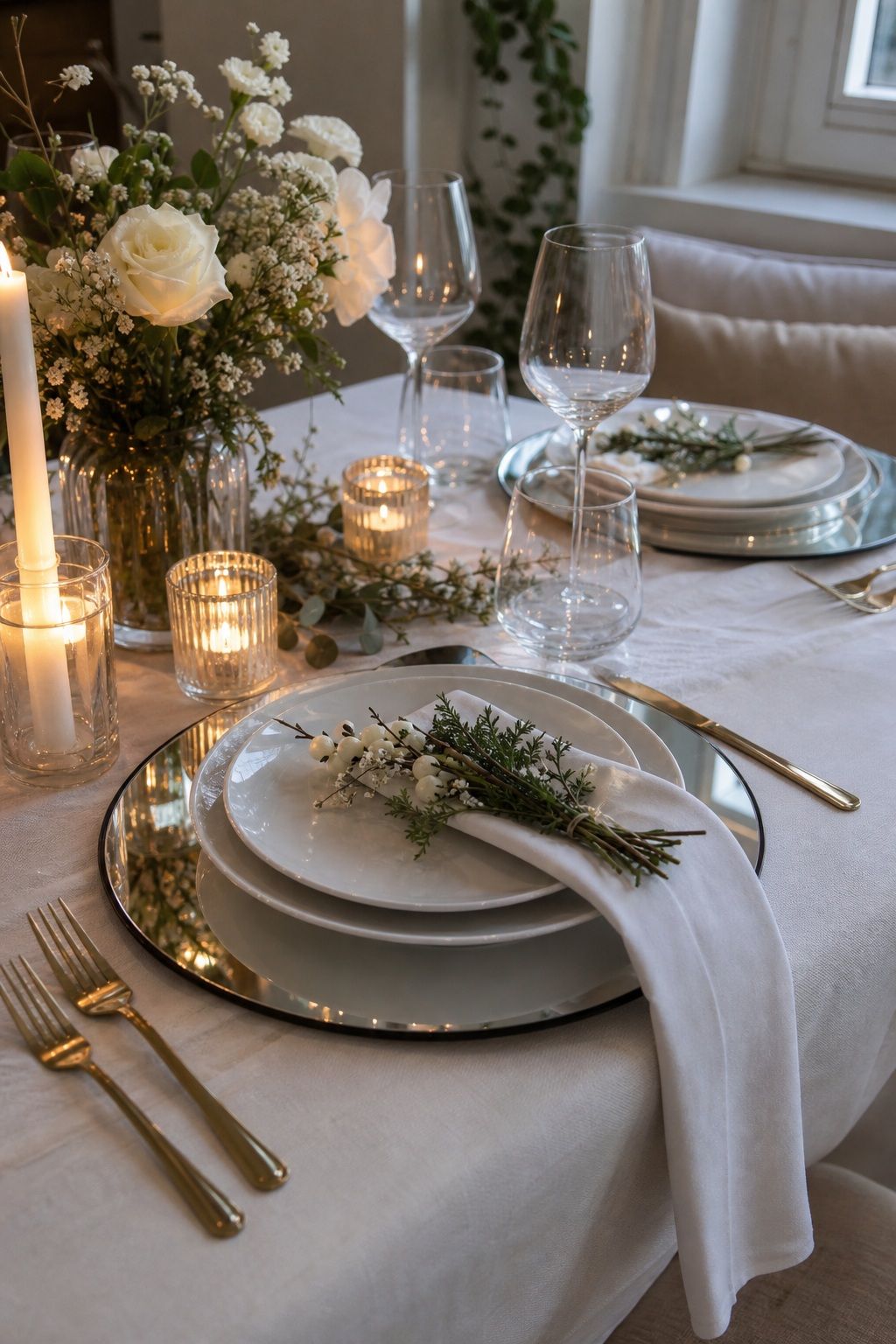 Mirrored Chargers for Reflected Candlelight small apartment idea for Top 18 Elegant Winter Wedding Table Setting Ideas That Set the Mood.