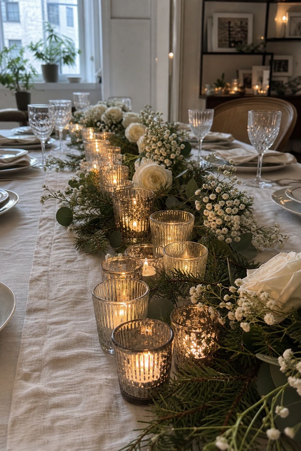 Votives Clustered Along the Runner small apartment idea for Top 18 Elegant Winter Wedding Table Setting Ideas That Set the Mood.