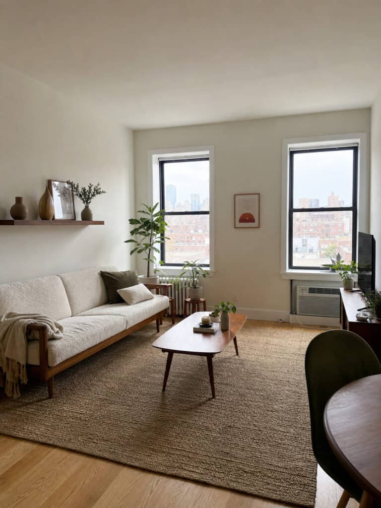 Small apartment living room with mid-century modern sofa and coffee table