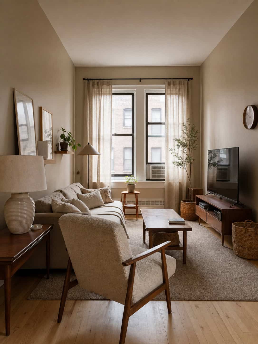 Small apartment design: Cozy living room with neutral tones, sofa, armchair, and coffee table.
