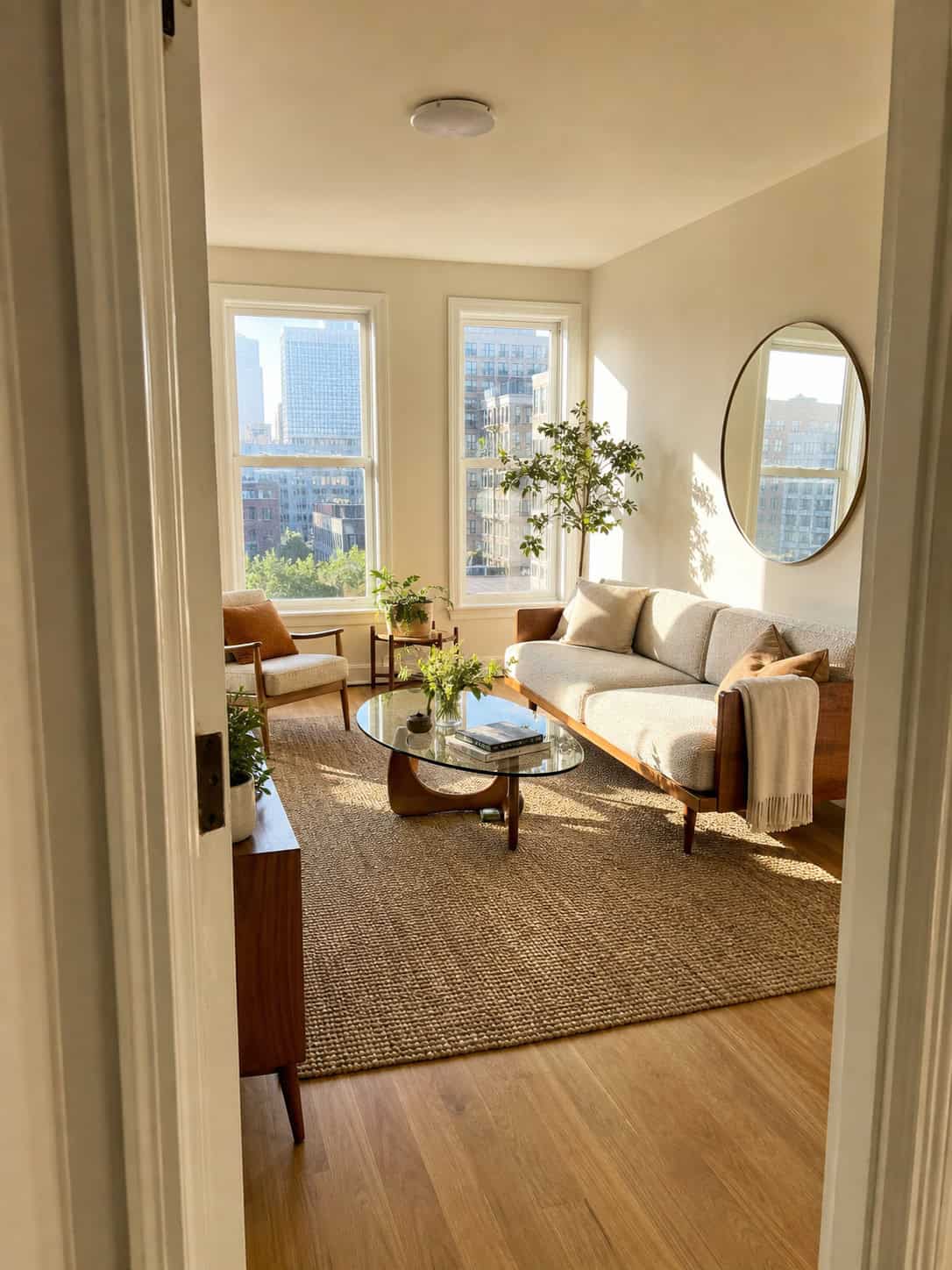Small apartment living room design with mid-century modern furniture and natural light.