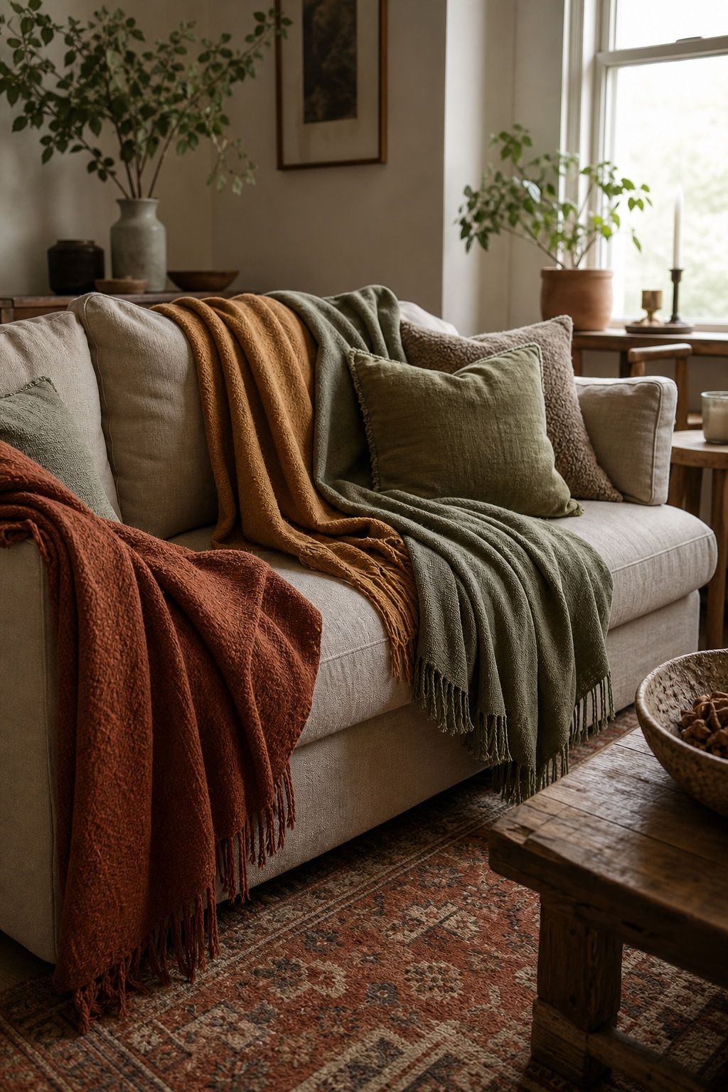Drape Throws in Warm Earth Tones small apartment idea for Top 18 Rustic Autumn Decor Ideas for Living Rooms in Small Apartments.