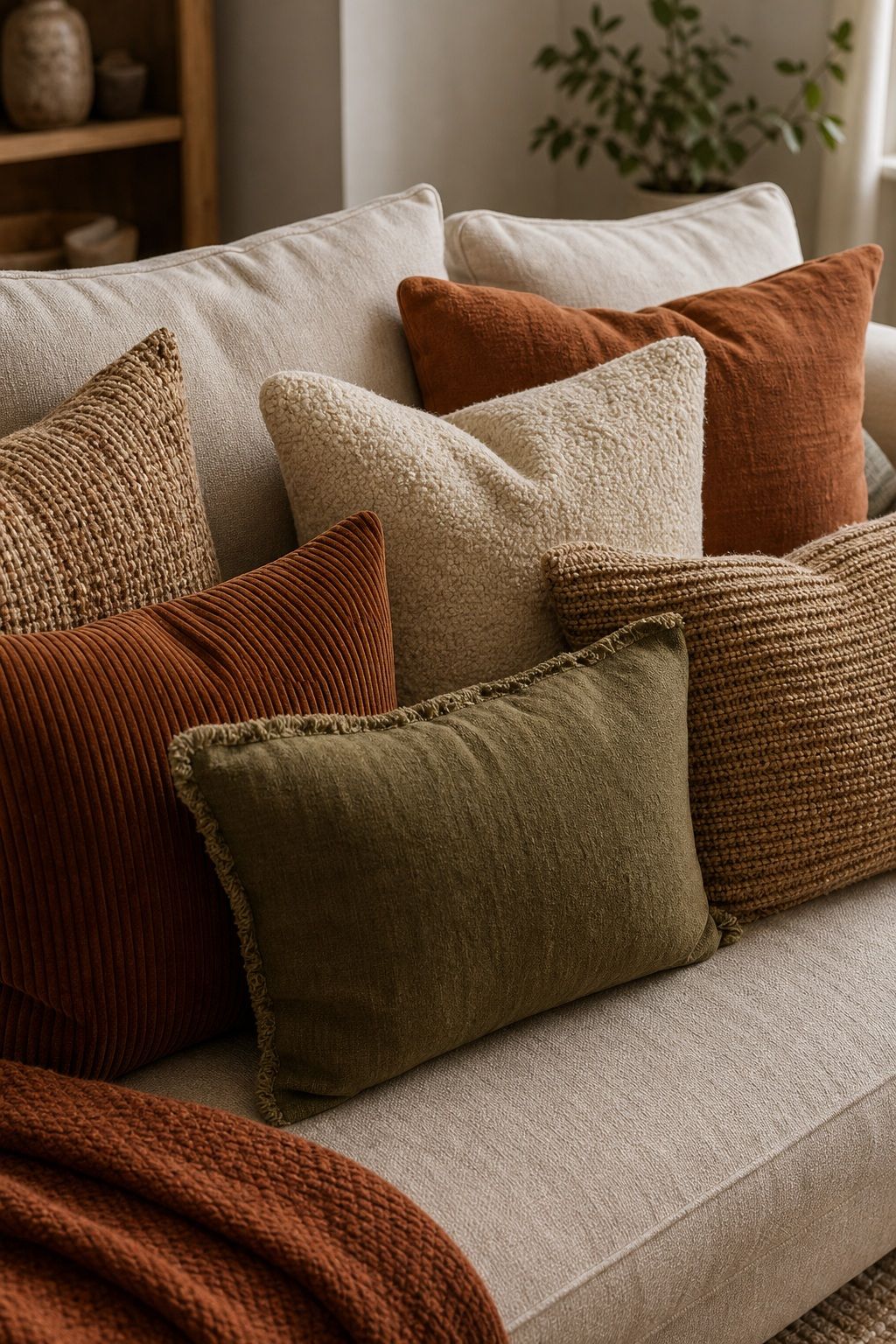 Swap Couch Pillows to Rustic Textures small apartment idea for Top 18 Rustic Autumn Decor Ideas for Living Rooms in Small Apartments.