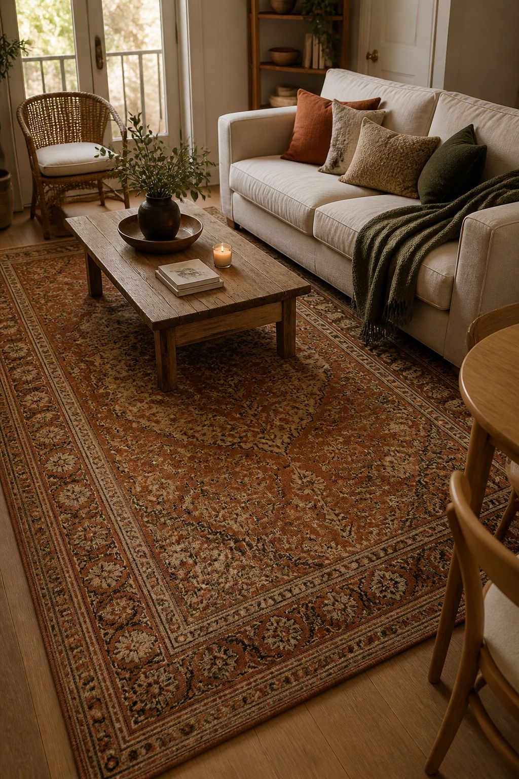 Add a Warm-Toned Area Rug small apartment idea for Top 18 Rustic Autumn Decor Ideas for Living Rooms in Small Apartments.