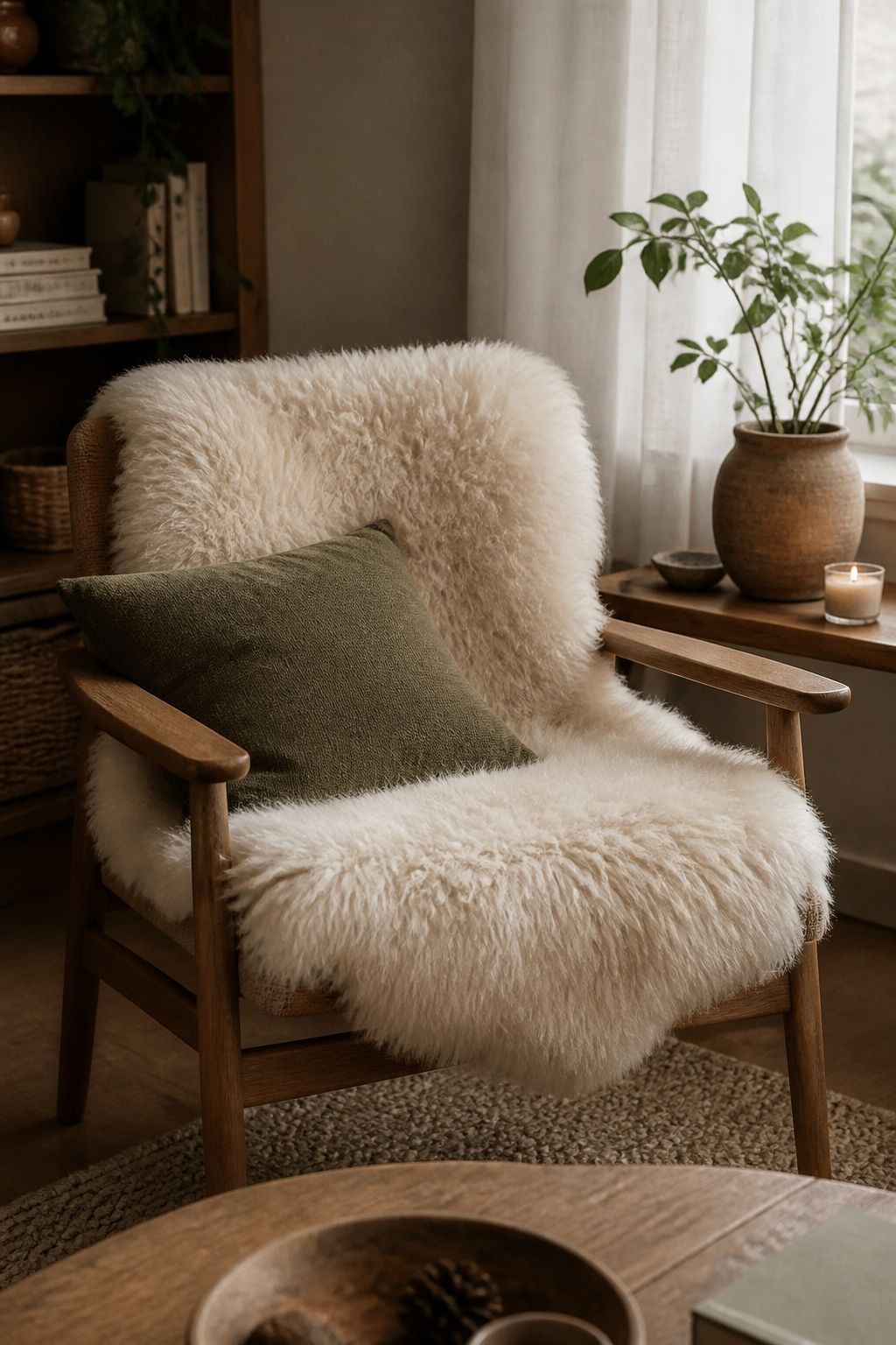 Add a Sheepskin or Cozy Texture Layer small apartment idea for Top 18 Rustic Autumn Decor Ideas for Living Rooms in Small Apartments.