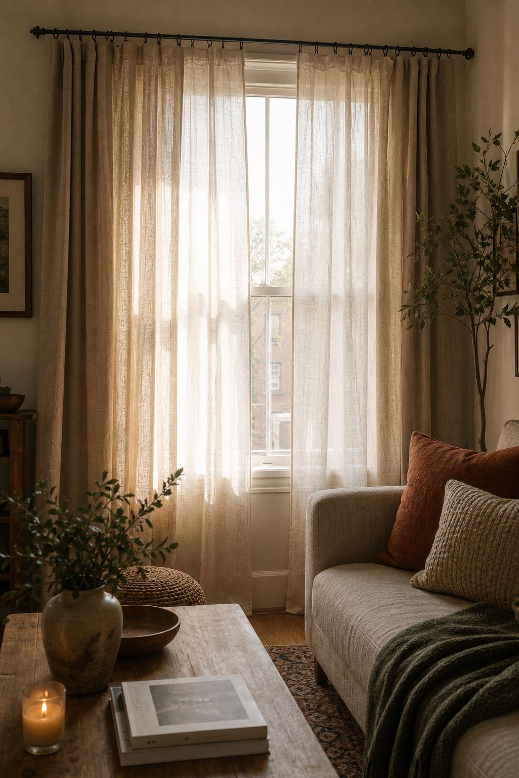 Layer Curtains for Warmth and Soft Light small apartment idea for Top 18 Rustic Autumn Decor Ideas for Living Rooms in Small Apartments.