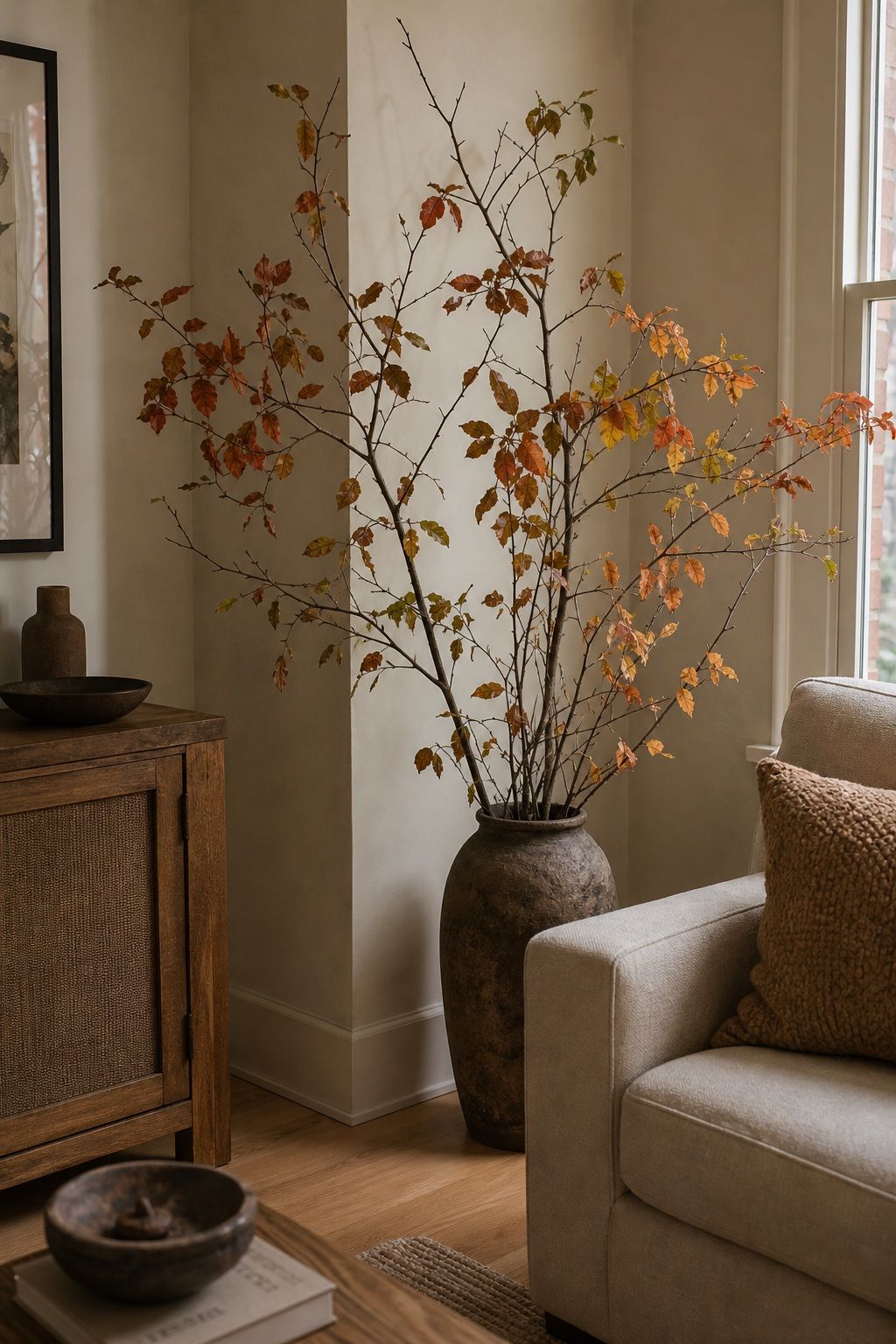 Fill a Floor Vase With Foraged Branches small apartment idea for Top 18 Rustic Autumn Decor Ideas for Living Rooms in Small Apartments.