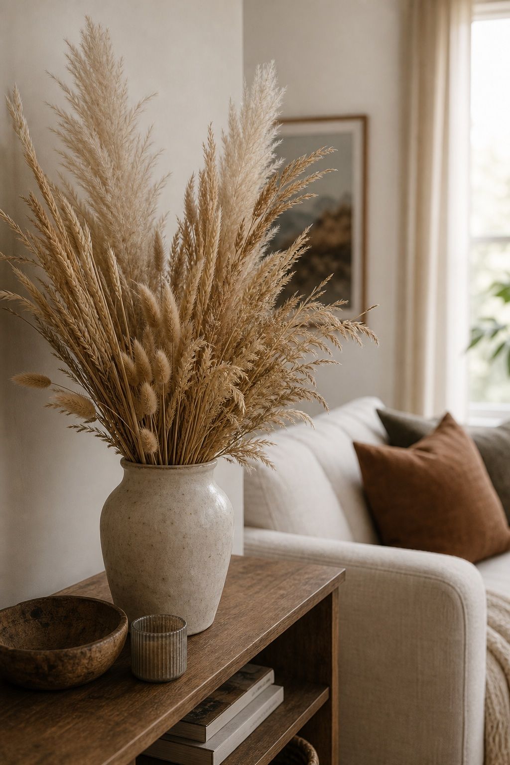 Style With Dried Wheat, Pampas, and Grasses small apartment idea for Top 18 Rustic Autumn Decor Ideas for Living Rooms in Small Apartments.