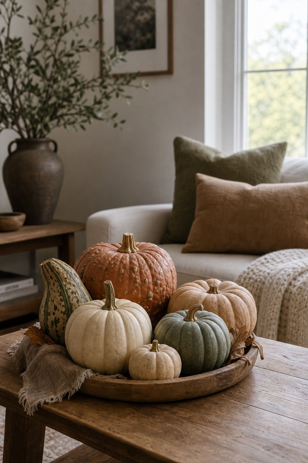 Add Pumpkins and Gourds in Muted Tones small apartment idea for Top 18 Rustic Autumn Decor Ideas for Living Rooms in Small Apartments.
